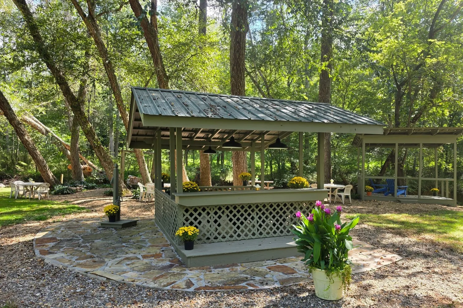 Lattice-skirted gazebo on a flagstone patio